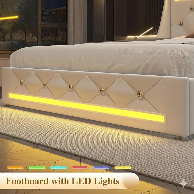 Upholstered Platform Bed Frame with Diamond Tufted Headboard, LED Lights & Charging Station
