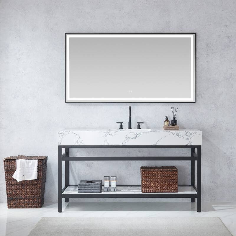 Ecija Bath Vanity, Metal Support with Composite Stone Top and Mirror