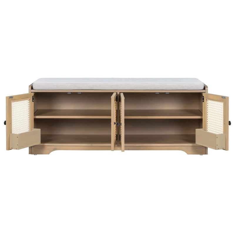 Rustic 47.4" Storage Bench Multifunctional Wooden Entryway Organizer with Removable Cushion and Rattan Doors