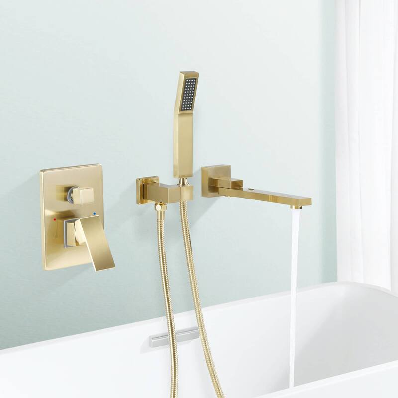 Wall Mounted Tub Faucets With Hand Shower Single Handle Bathtub Faucets Modern Bathroom Tub Fillers With Valve - Brushed Gold
