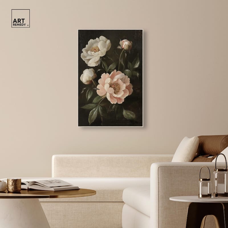 White Peonies in Dark II Canvas by Art Remedy
