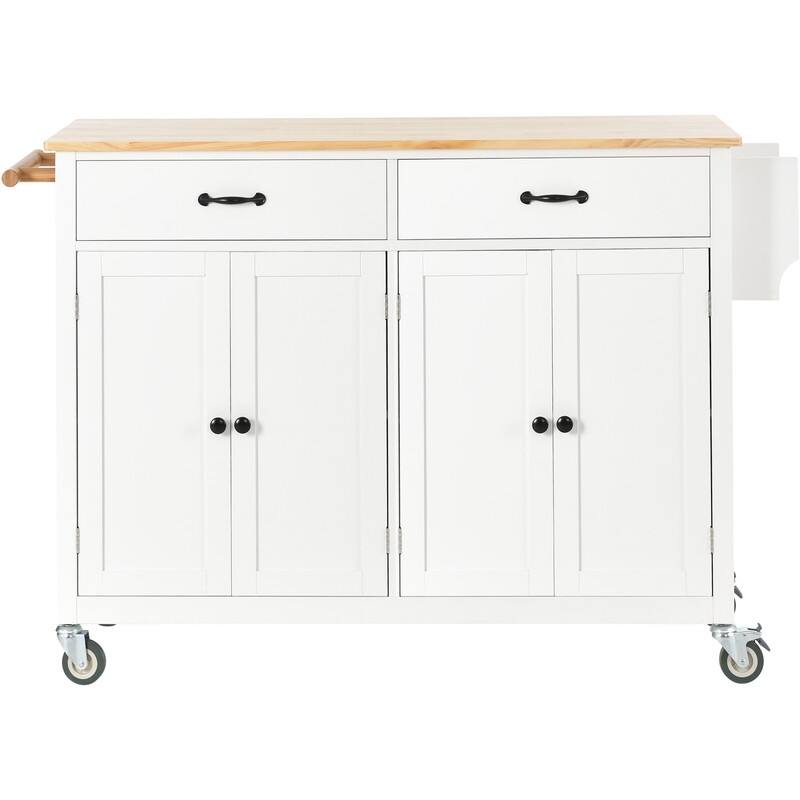 35"W Kitchen Island Cart with Solid Wood Top and Locking Wheel，4 Door Cabinet and 2 Drawers，Spice Rack, Towel Rack and Handle