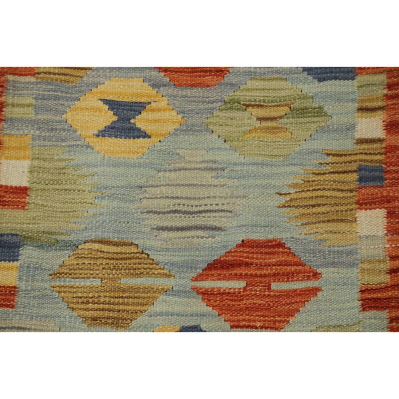 Hand Woven Oriental 100% Wool Carpet Southwestern Tribal Navy Blue & Blues Kilim Runner Rug - 8' 0'' X 2' 2''
