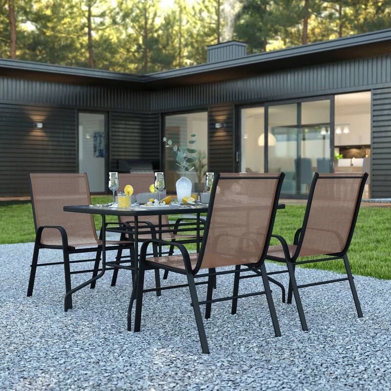 5 Piece Patio Dining Set - Glass Table, 4 Flex Stack Chairs - Brown