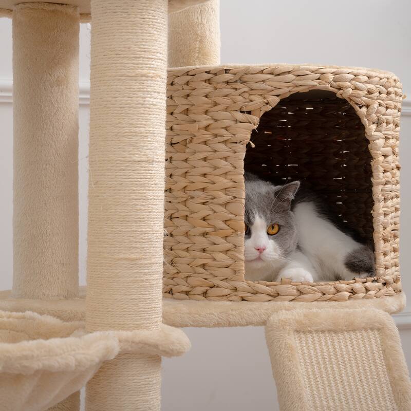 Cat Tree, 59-Inch Cat Tower, Plush Multi-Level Cat Condo with 2 Perches,2 Caves, Cozy Basket and Scratching Board