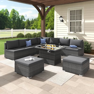 FINCATI 10-Piece Outdoor Wicker Sectional Furniture Set with Fire Pit Table for Backyard Patio - 10 PCS