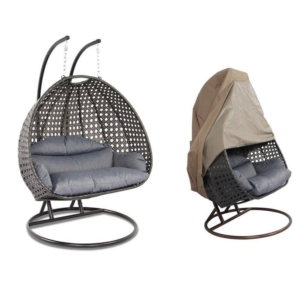 LeisureMod Hanging 2-Person Egg Swing Chair with Durable Iron Frame, Breathable Wicker, UV Resistant, and with Cover