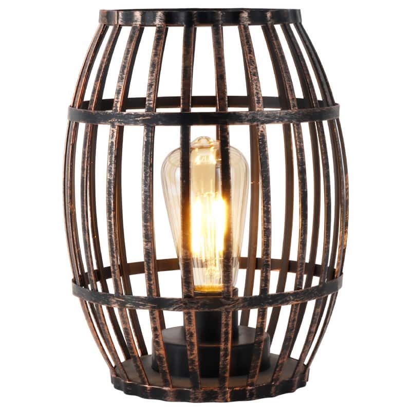 HomeRoots 8" Black Battery Operated Novelty Bedside Lamp With Cage Shade - 6.00 in. x 8.00 in. x 6.00 in.