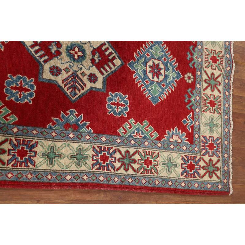 Red Kazak Oriental Accent Rug Hand-Knotted Geometric Wool Carpet - 3'4" x 4'11"