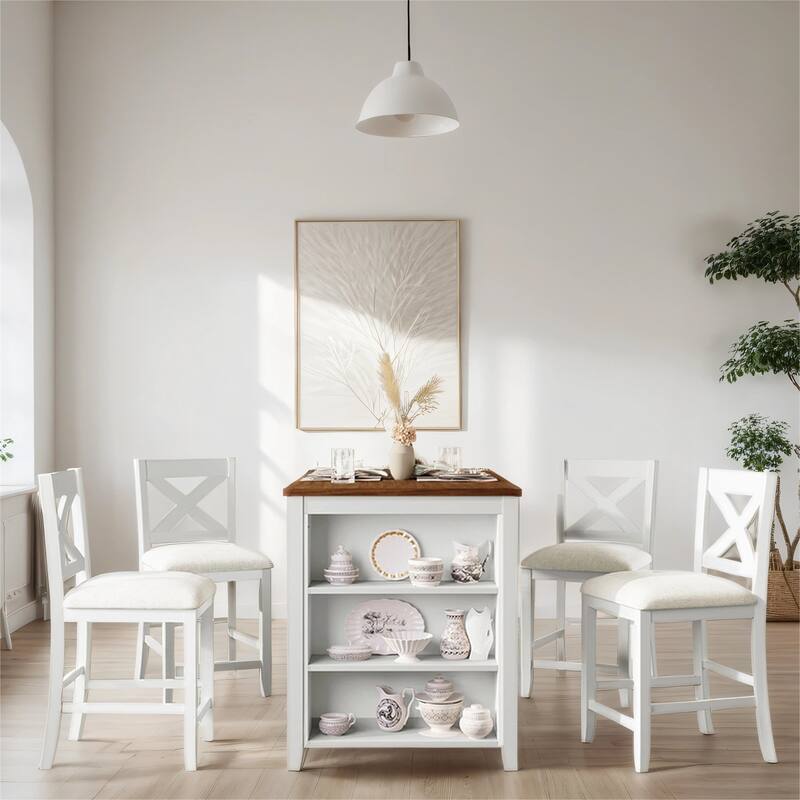 5 Pieces Counter Height Dining Room Wooden Bar Table Set with 4 Chairs