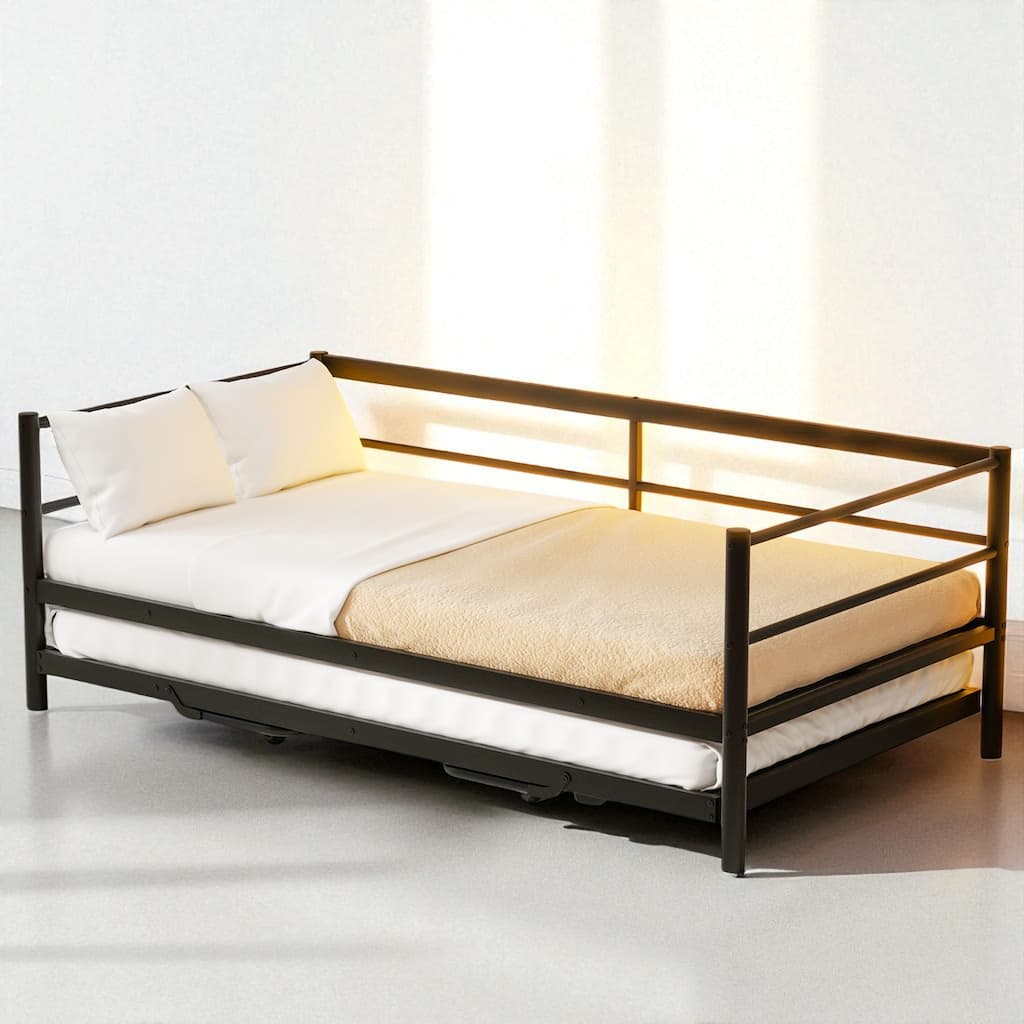 Twin Size Metal Daybed with Adjustable Pop-Up Trundle and LED Light Strip