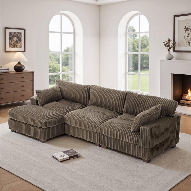 Plush Corduroy Upholstered Modular Sectional Sofa with Chaise