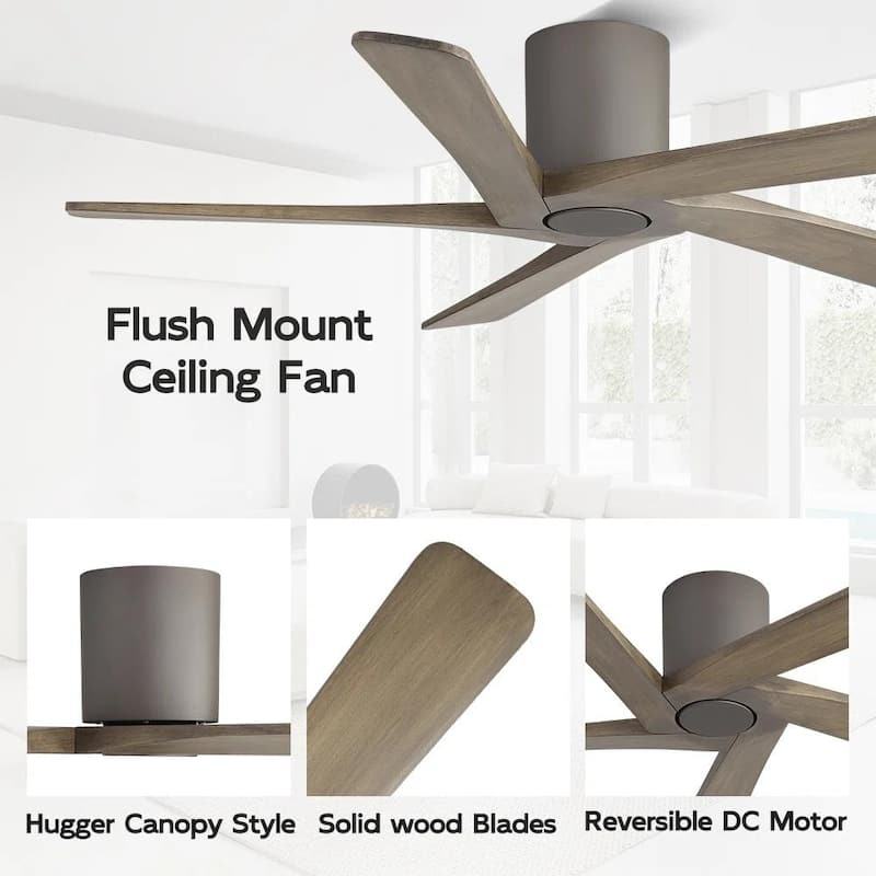 MLiAN 5 Solid Wood Blades Indoor Flush Mount Ceiling Fan with Remote