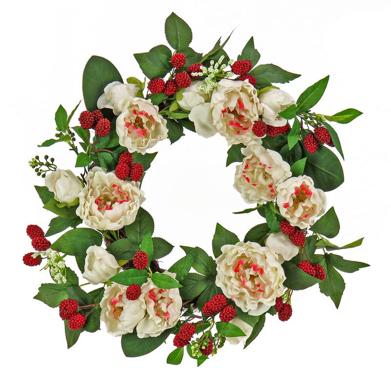 National Tree Company 22 inch Artificial Spring Wreath with Peony Flowers, Raspberries, and Leafy Greens, Realistic Floral Decor