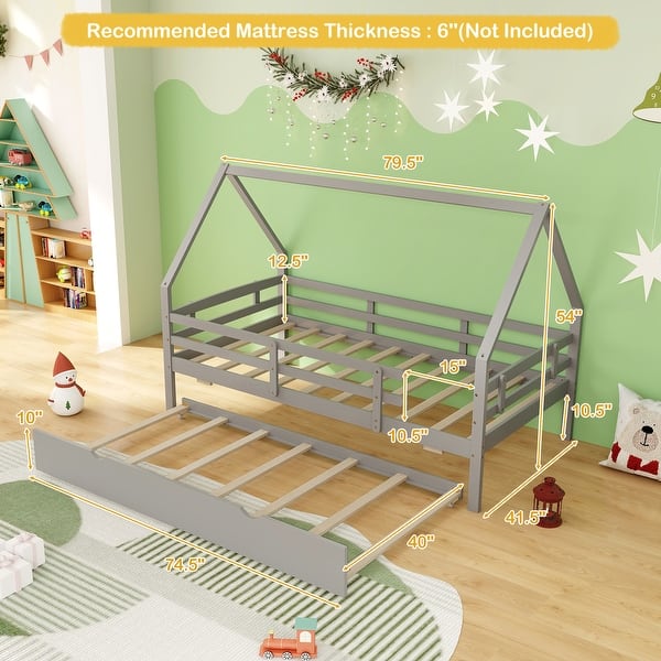 dimension image slide 1 of 2, Twin House Bed with Trundle and Fence Rail Perfect for Sleepovers