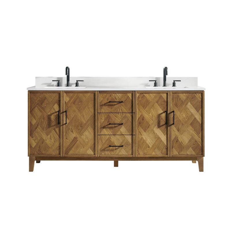 Clara Bathroom Vanity in Weathered Brown with Calacatta Truffle White Quartz Countertop No Mirror