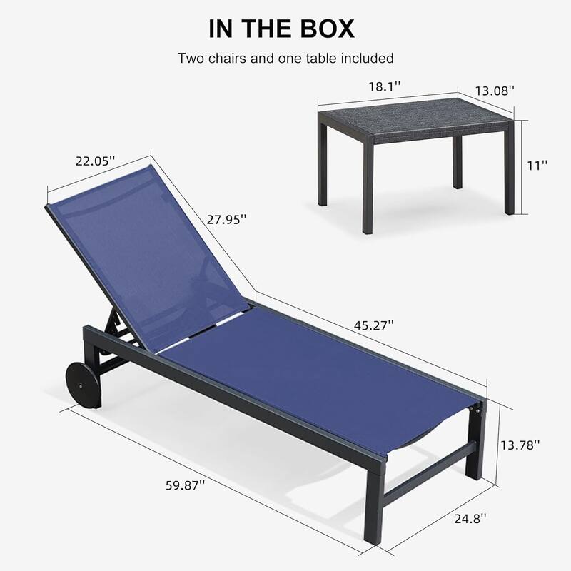 PURPLE LEAF Adjustable Patio Chaise Lounge Set 2 Pieces Lounge Chairs with Wheels and Side Table