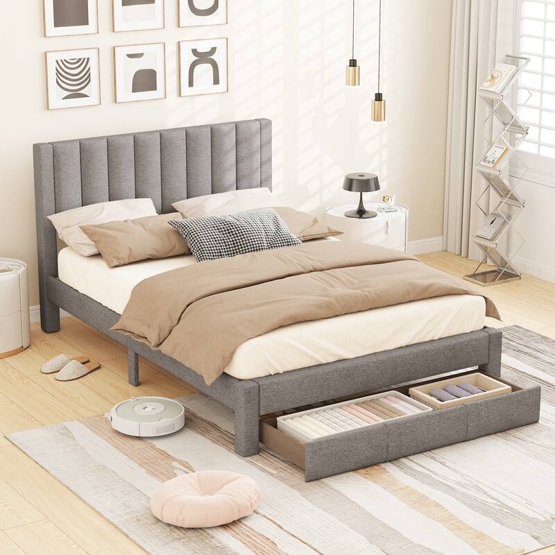 Gymax Queen Size Bed Frame w/Storage Drawer & Vertical Channel