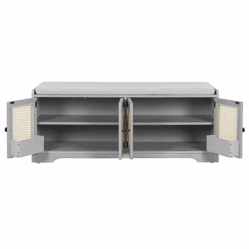 Rustic Storage Bench with Removable Cushion, Woven Rattan Doors & Adjustable Shelves