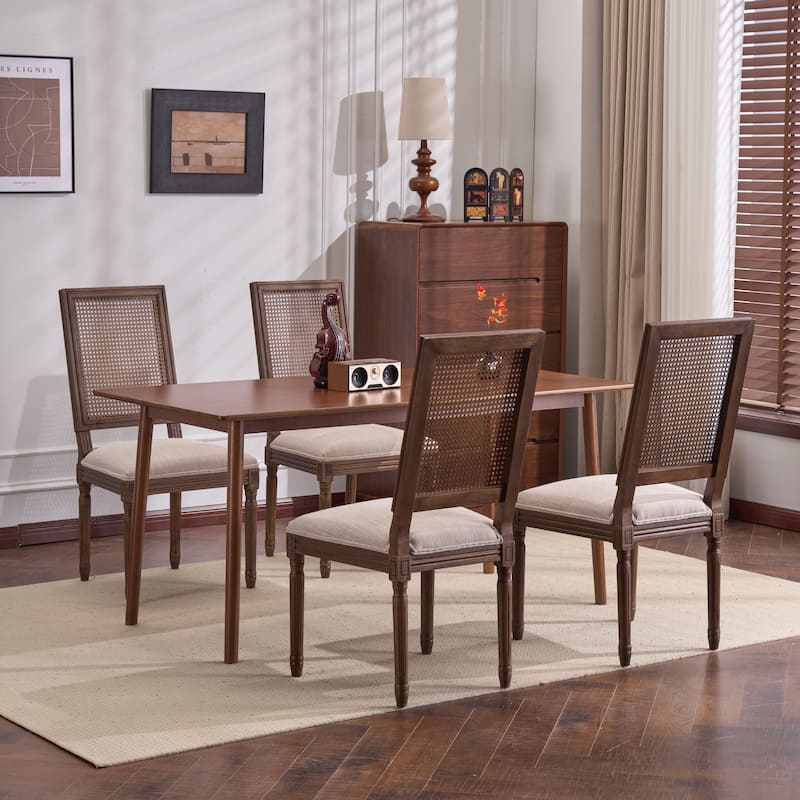 Christopher Knight Home - French Country Dining Chairs Set with Elegant Cane Backrest & Upholstered Seats with Fluted Legs - Set of 4 - Beige + Walnut