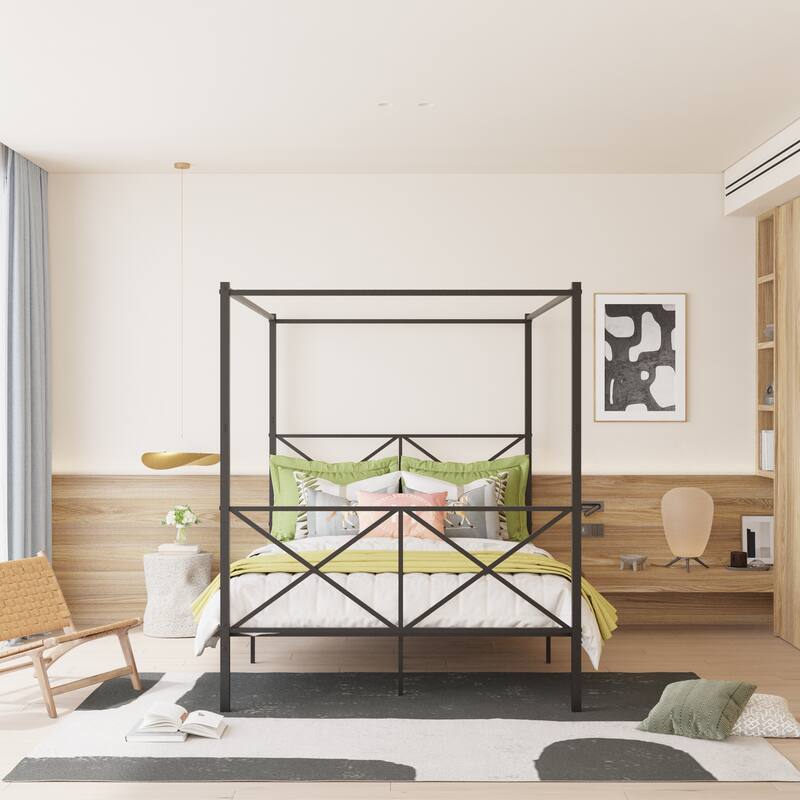 Queen Size Platform Bed with X Shaped Frame - Black