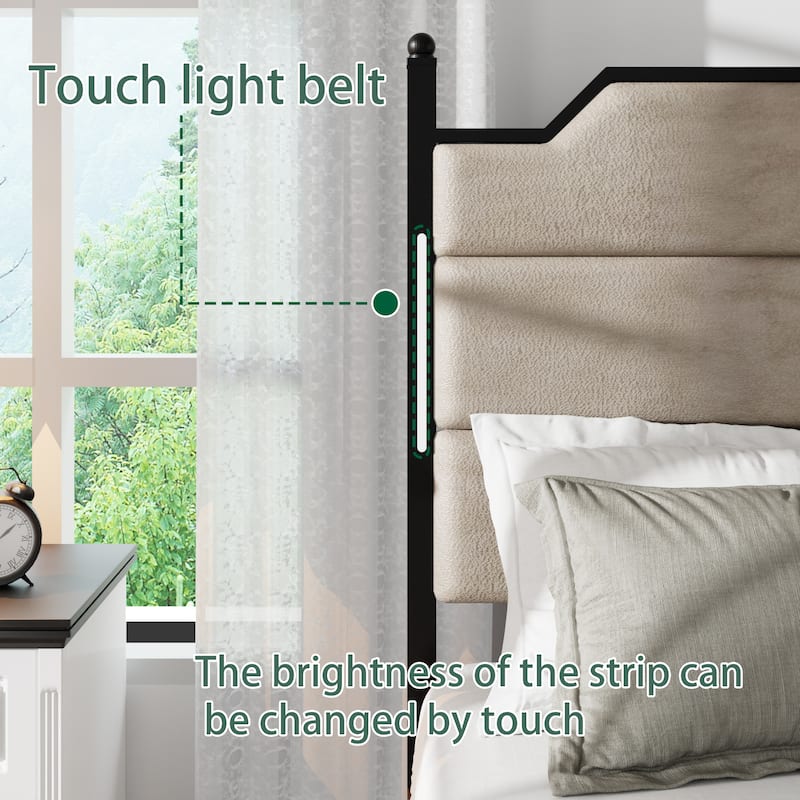 Queen Size Bed Frame with Upholstered Headboard, Charging Station, LED Lights, Wood Slats, Easy Assembly, Industrial Brown