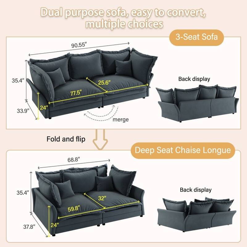 90.55" Modern Comfy Upholstered Sofa Cloud Couch with Multiple Large Soft Pillows