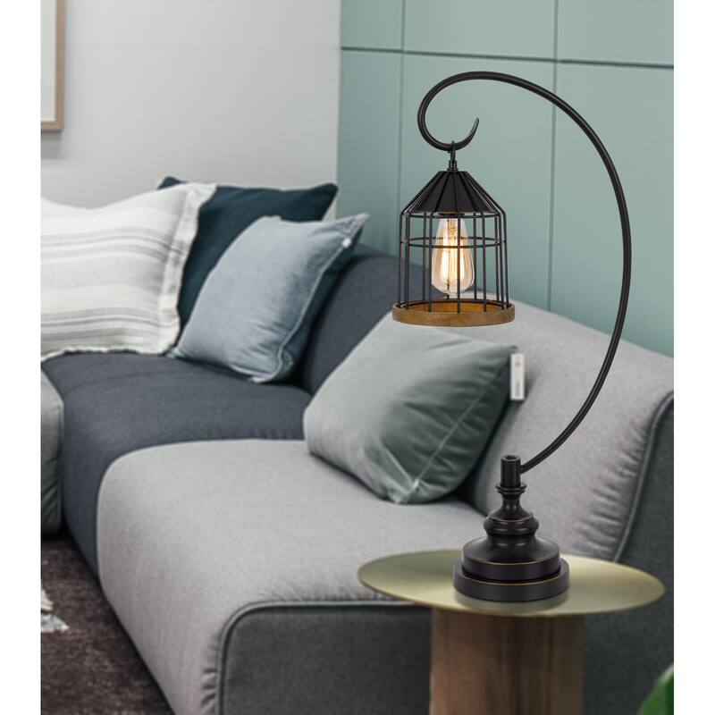 60W Valparaiso downbridge metal table lamp with lantern style metal and pine wood shade