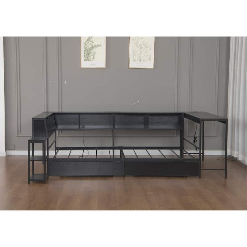 GDFStudio - Modern Corner Bed Frame with Bookcase, 2 Underbed Storage Drawers, LED Lighting & Charging Station