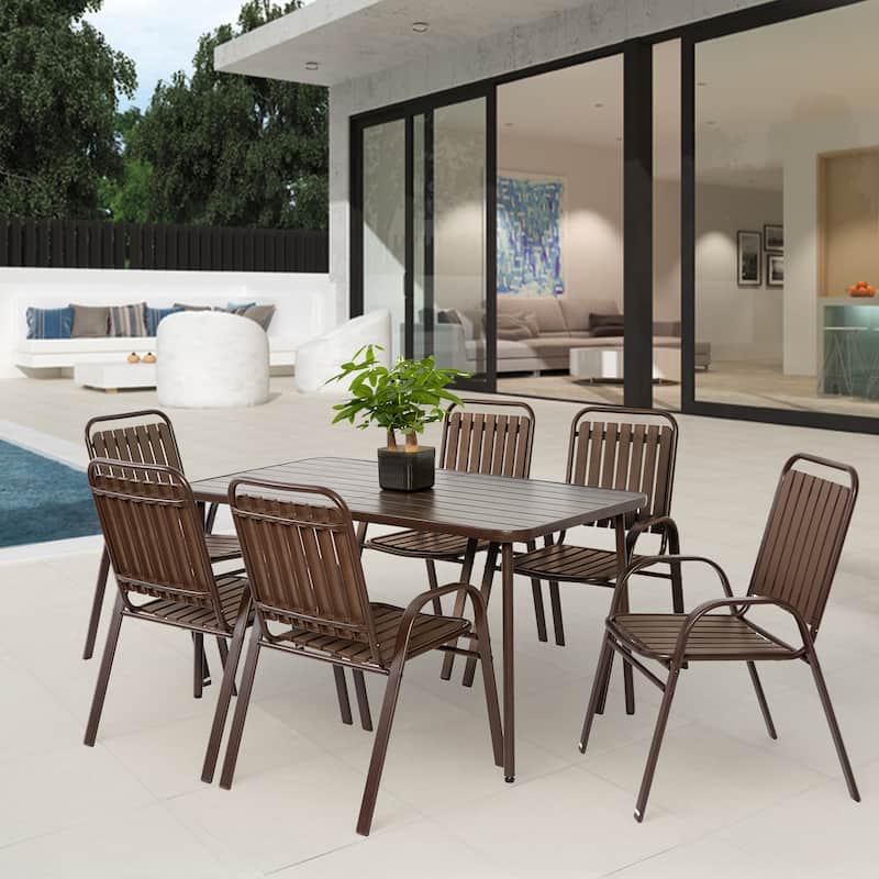 7 Pieces Outdoor Patio Dining Set, Conversation Set for Garden Patio, Brown - Brown