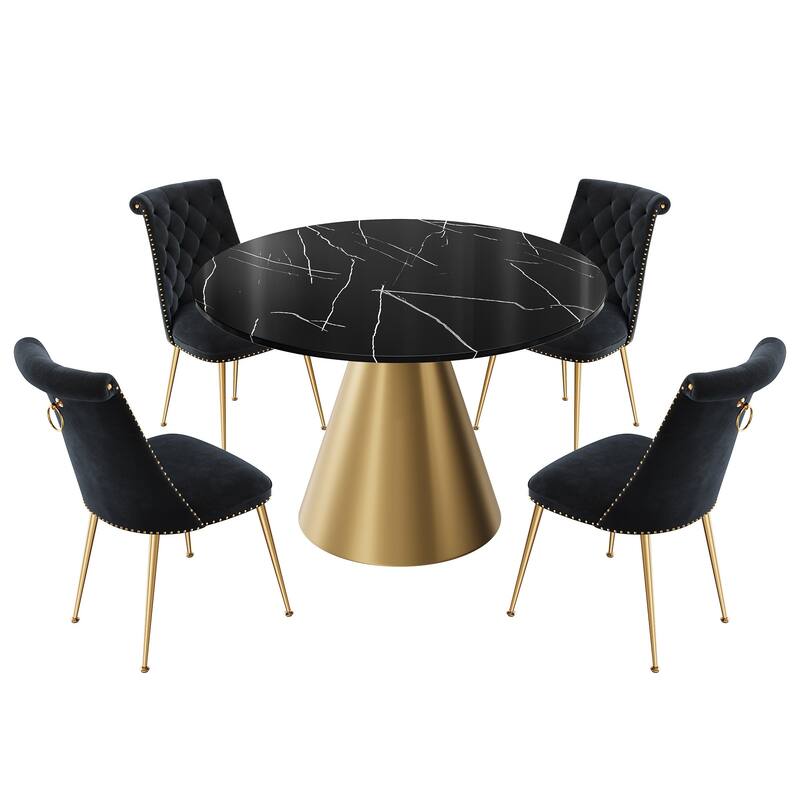 48" Marble Top Metal Dining Table with Velvet Dining Chair Set - Black