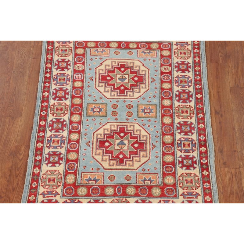 Light Blue Kazak Oriental Accent Rug Handmade Geometric Wool Carpet - 2'9" x 3'10"