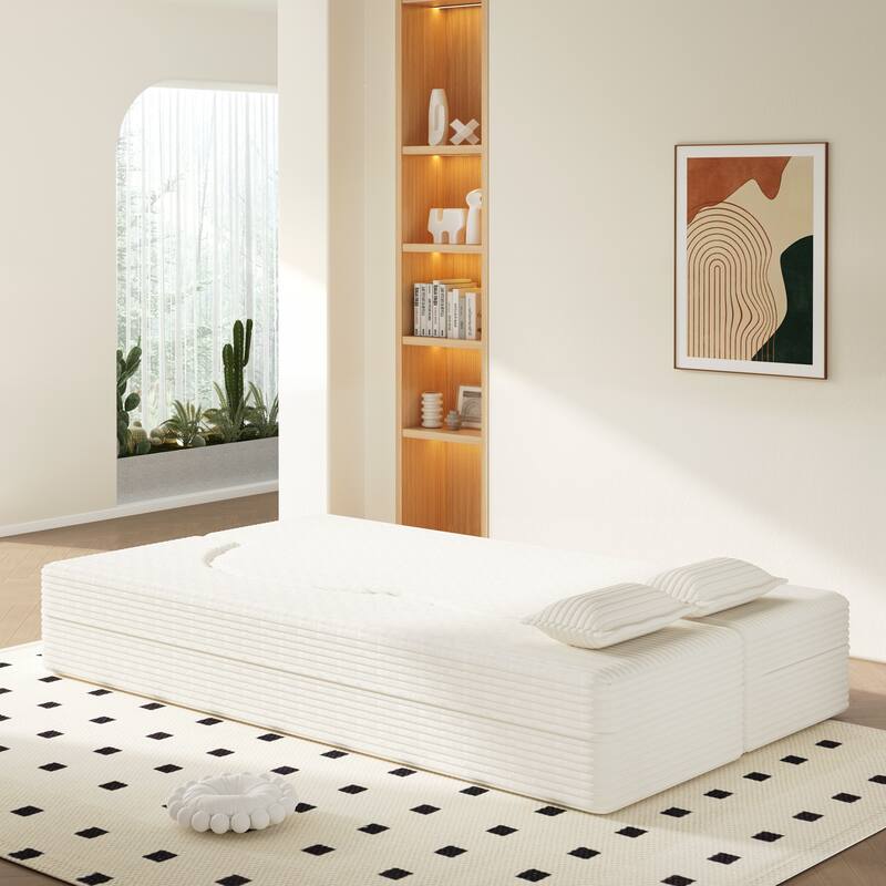 Modern Floor Sofa with 2 Pillows,Convertible Teddy Fabric Foam-Filled Sleeper Sofa Bed