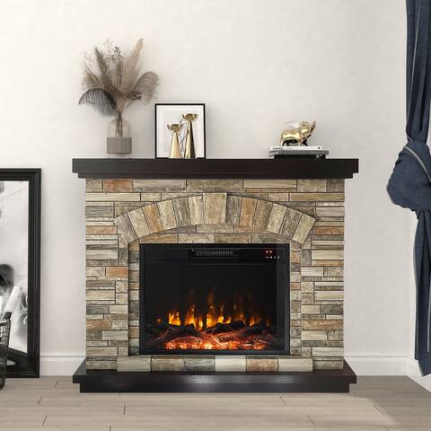 42" Electric Fireplace with Mantel Faux Stone Indoor Freestanding Fireplace by Real Flame