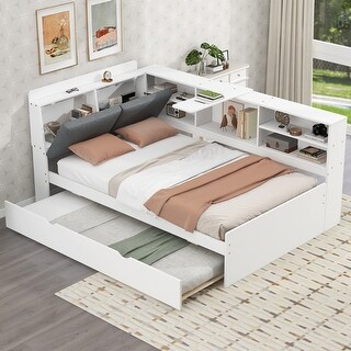 Wood Twin Size platform bed with Trundle, Shelves and Storage Headboard