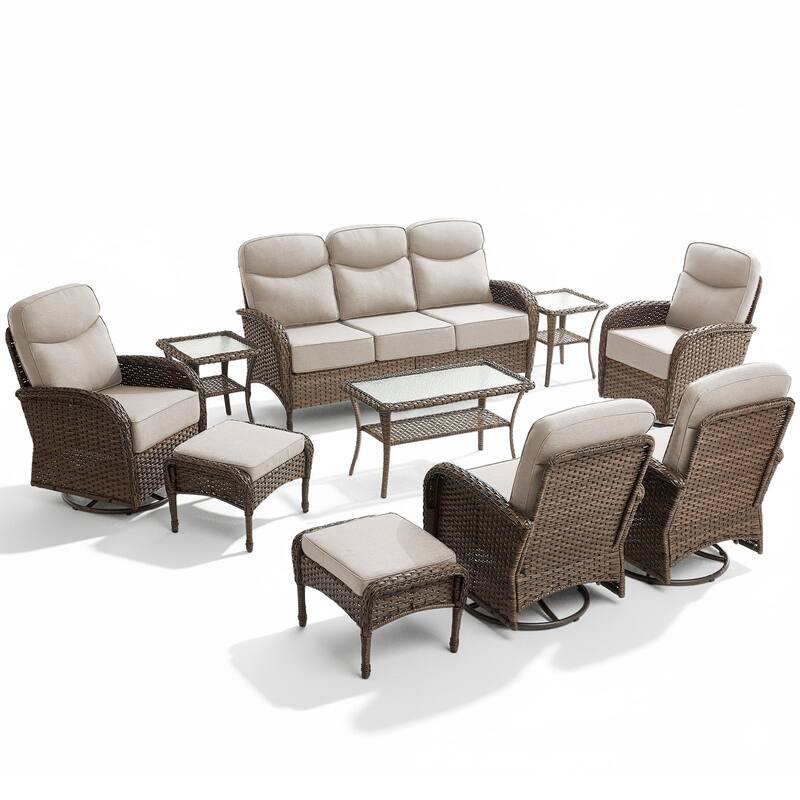 Luna 10-Piece Wicker Patio Conversation Set with Swivel Gliders and 6-Inch Thick Olefin Cushions