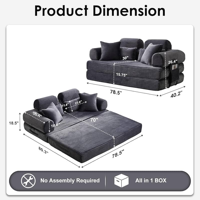 Convertible Sleeper Sofa Bed, 78.5" Corduroy Foldable Loveseat Sofa, King Size Floor Mattress Couch, No Assembly Required