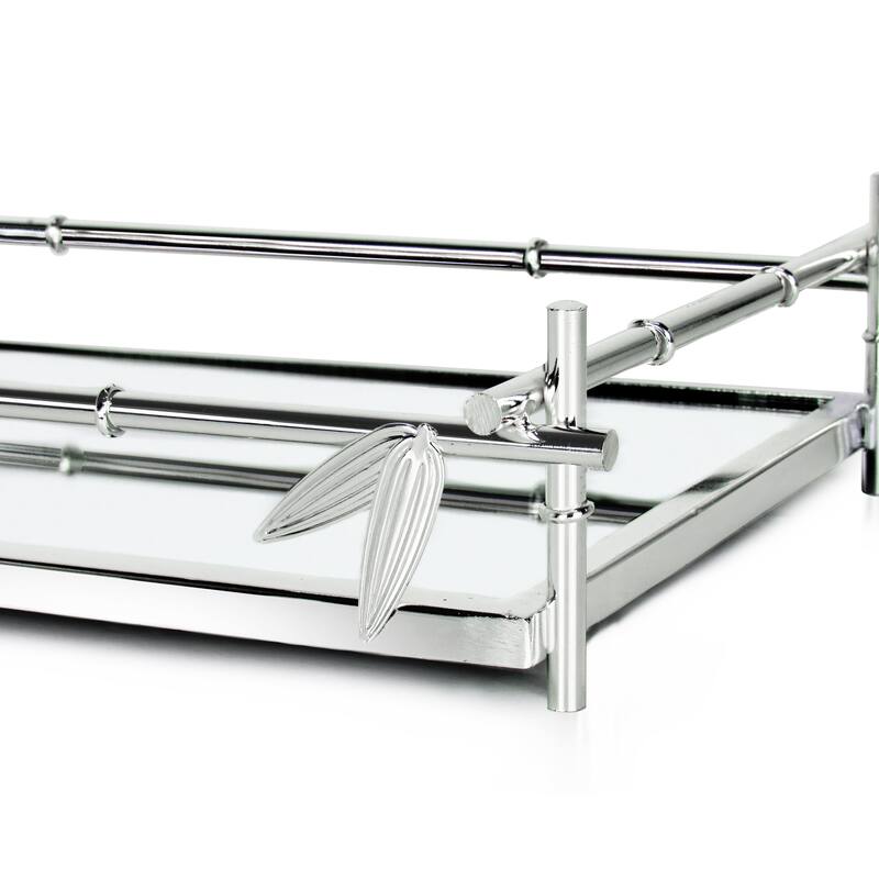 Silver Bamboo Style Rectangle Metal Mirror Decorative Tray Serving Platter