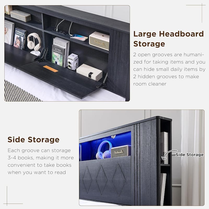 Modern King Size Wood Bed Frame with Charging Station and LED Lights