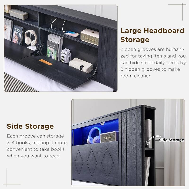 Modern Queen Size Wood Bed Frame with Charging Station and LED Lights
