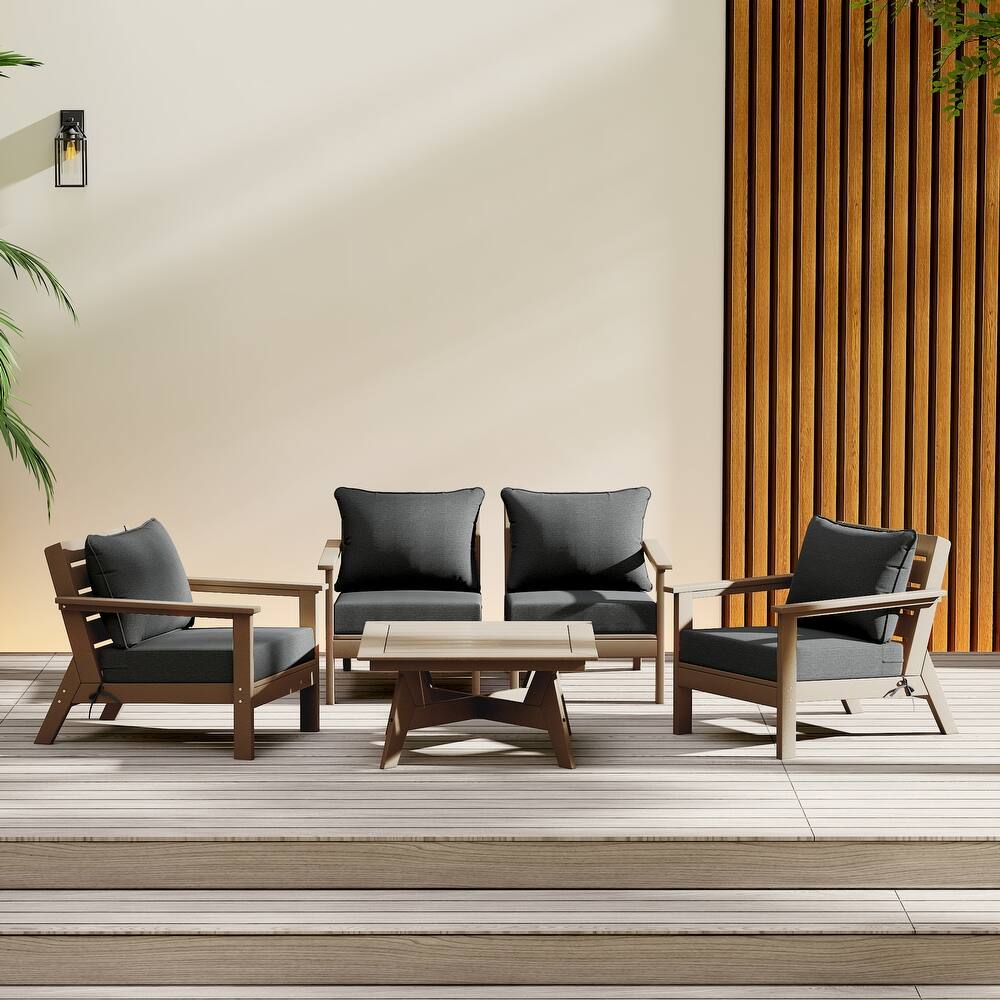 Birchwood All Weather HDPE Outdoor Patio Weathered Wood Deep Seating Conversation Set (5-Piece Set)