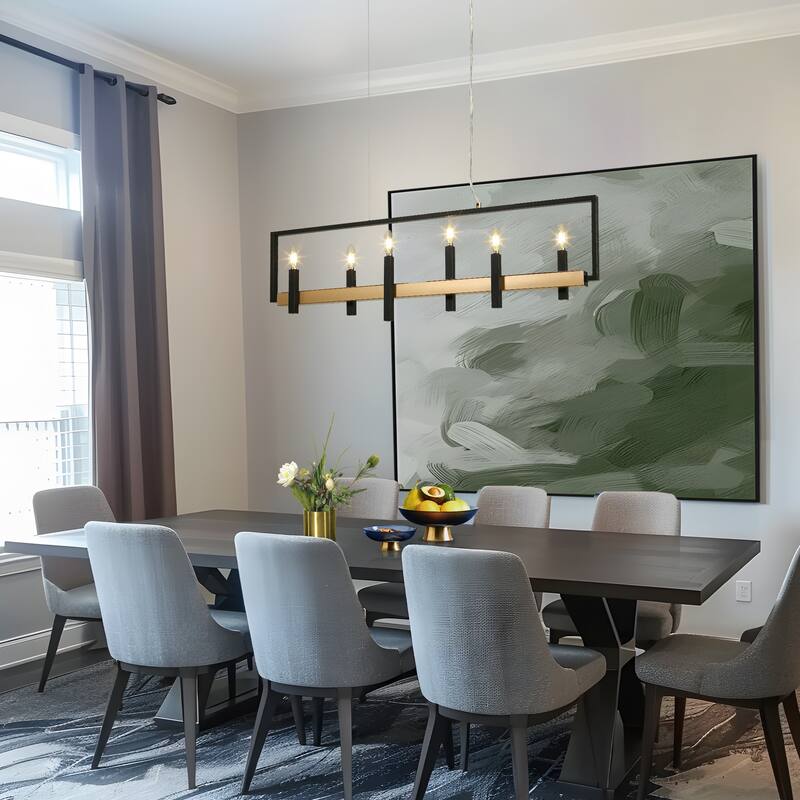 Modern Farmhouse 6-Light Linear Chandelier Black Gold Candle Island Lights for Dining Room - L39.4" x H72.7" Max
