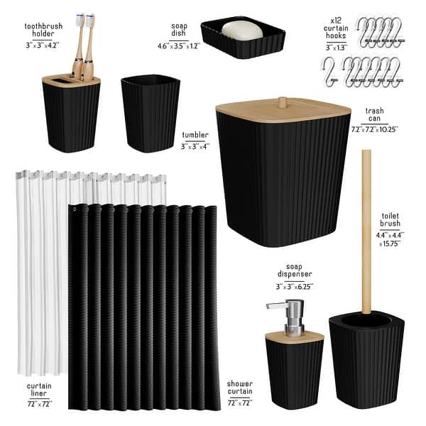Clara Clark Bamboo Bathroom Accessories Set with Shower Curtain Set, Toilet Brush, Trash Can & Soap Dispenser