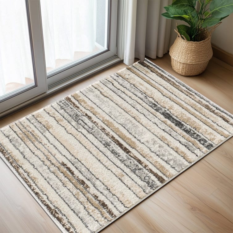 Modern Minimalist Striped Area Rug - Brown/Grey/Cream - Rectangle 2' x 2'11"