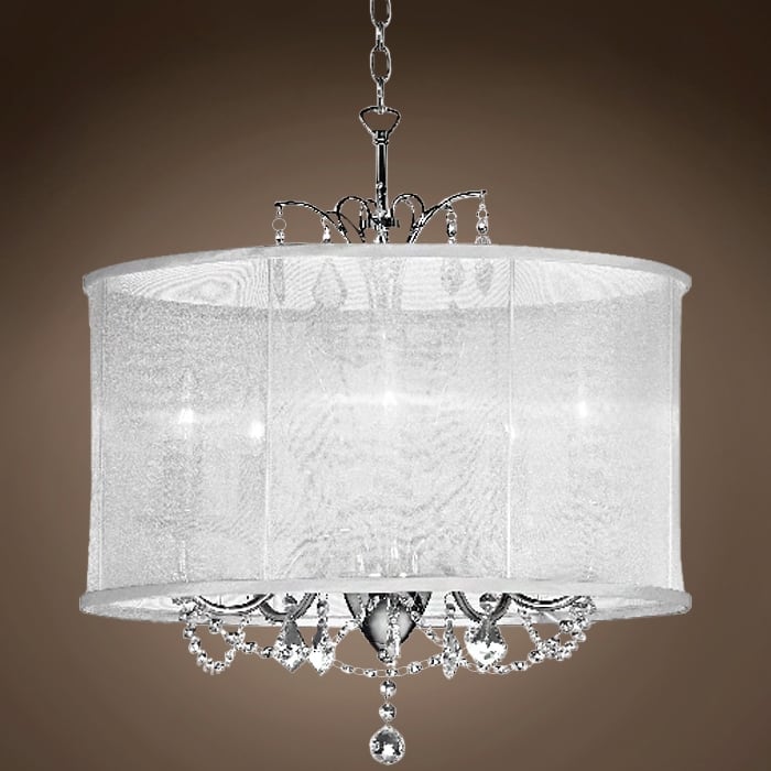 Chrome Crystal Chandelier 5 Light 20" White Drum Shade Pendant Lamp - 20" Wide