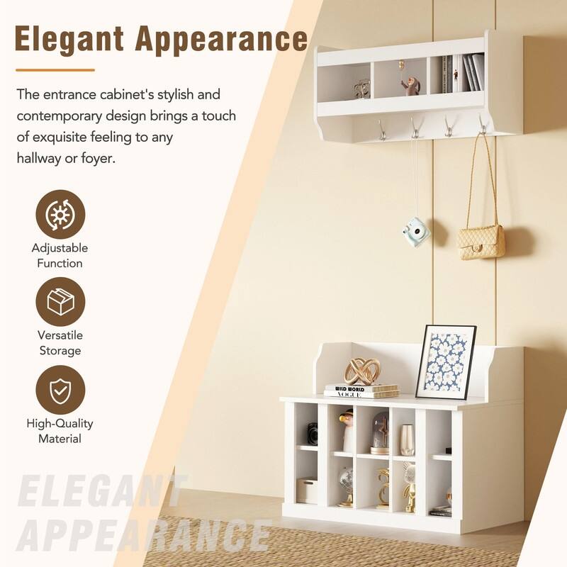 Entryway Wood Storage Bench with Shoe Storage,Wall Mounted Hall Tree with Coat Rack and Shelves