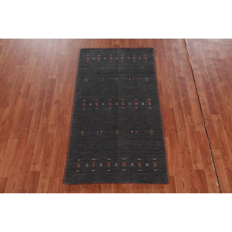 Hand Knotted Oriental 100% Wool Carpet Tribal Tribal Greys & Charcoal Gabbeh Area Rug - 5' 1'' X 2' 9''