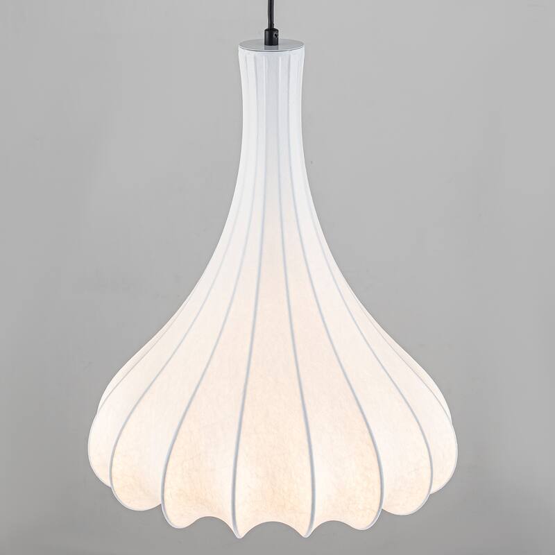 White Fluted Bell Fabric Pendant Light for Bedroom & Living Room - Dia.13.78-in