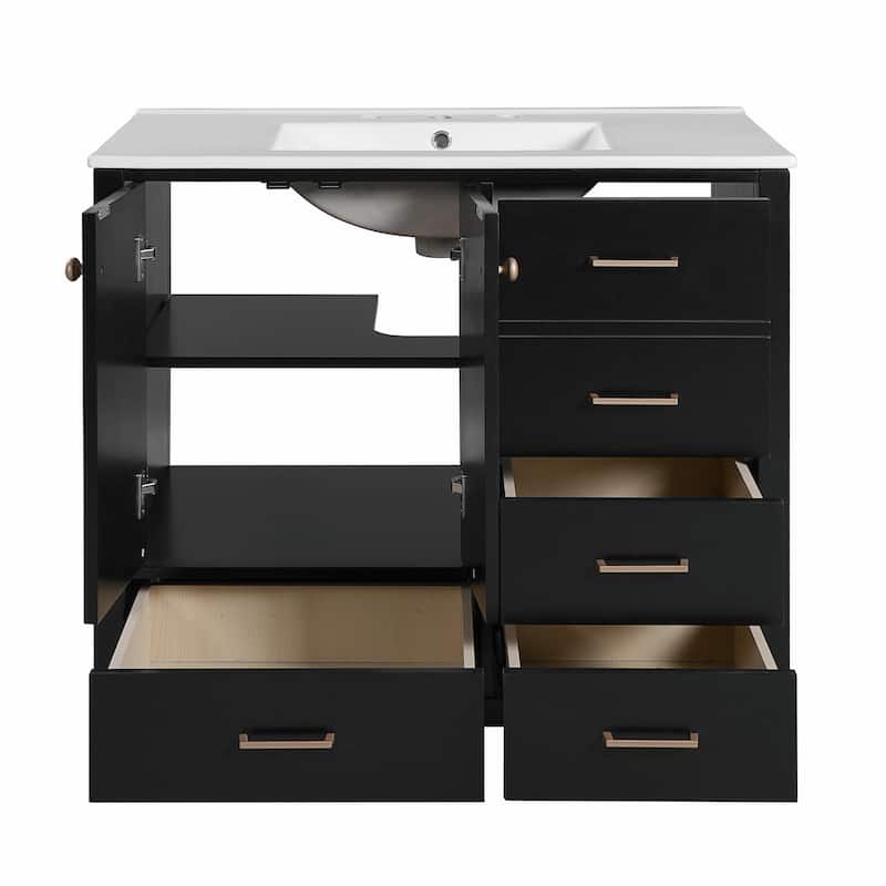 36'' Bathroom Vanity with Ceramic Sink Combo, Solid Wood Frame Bathroom Storage Cabinet