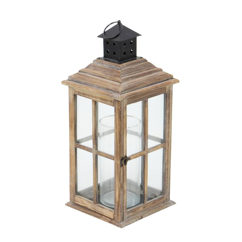 Wood Light House Decorative Candle Lantern with Black Ring Handle - Brown or Light Brown - Roche River Decor